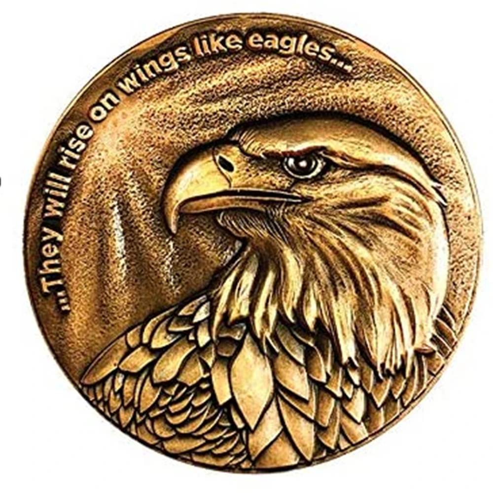 Christian Eagle Challenge Coin, Antique Gold-Color Plated, American Bald Eagle & Isaiah 40:31