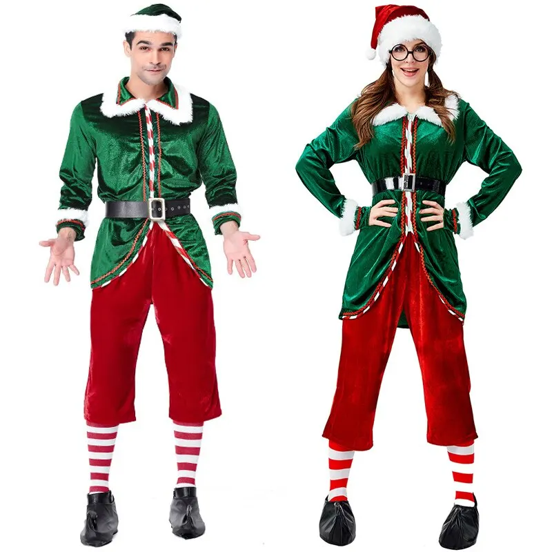 

Women Men Christmas Elf Tree Santa Claus Costume Santa's Helper Green Elf Cosplay Velvet Fancy Dress Adult