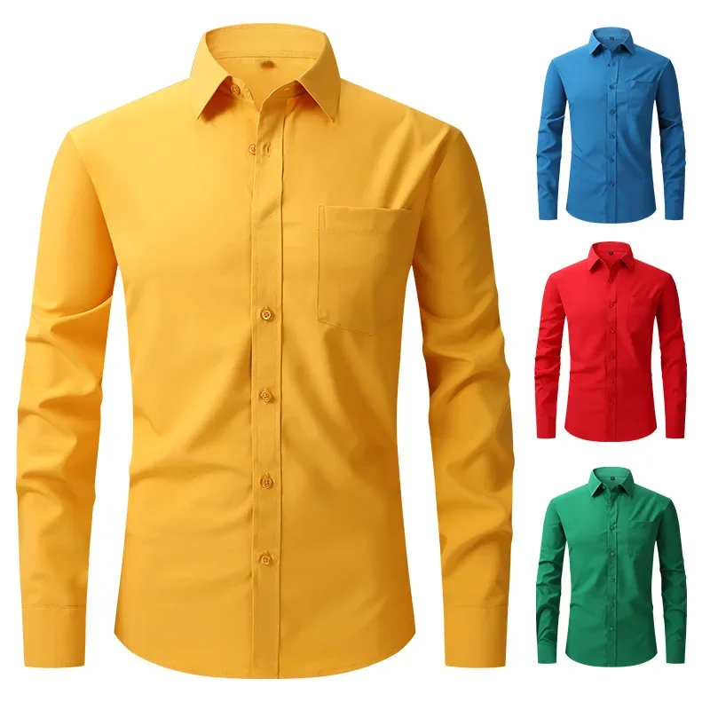 Heren Wit Blauw Geel Rood Hoge Kwaliteit Shirts Lente Nieuwe Reguliere Fit Lange Mouwen Shirt Mannen Formele Bruiloft Elastische Shirt Man - afbeelding 2