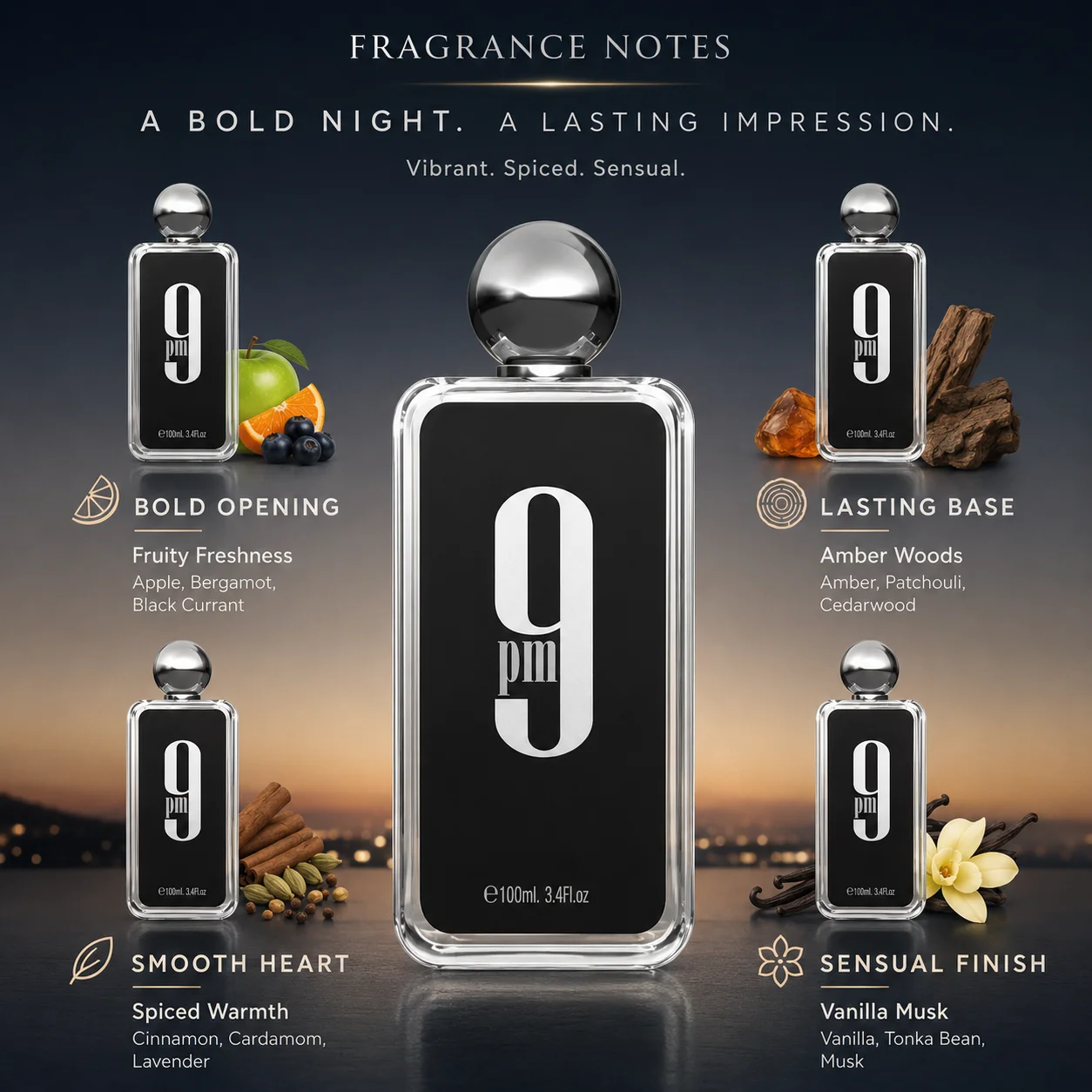 Afnan 9 PM Men Eau De Parfum Transparent Square Bottle Silver Round Cap Luxury Arabian Woody Scent Long Lasting Fragrance 100ml Mens Cologne Perfume Gift Set For Male view 3