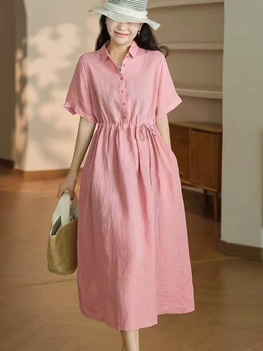 

European style elegant and casual linen drawstring waist dress