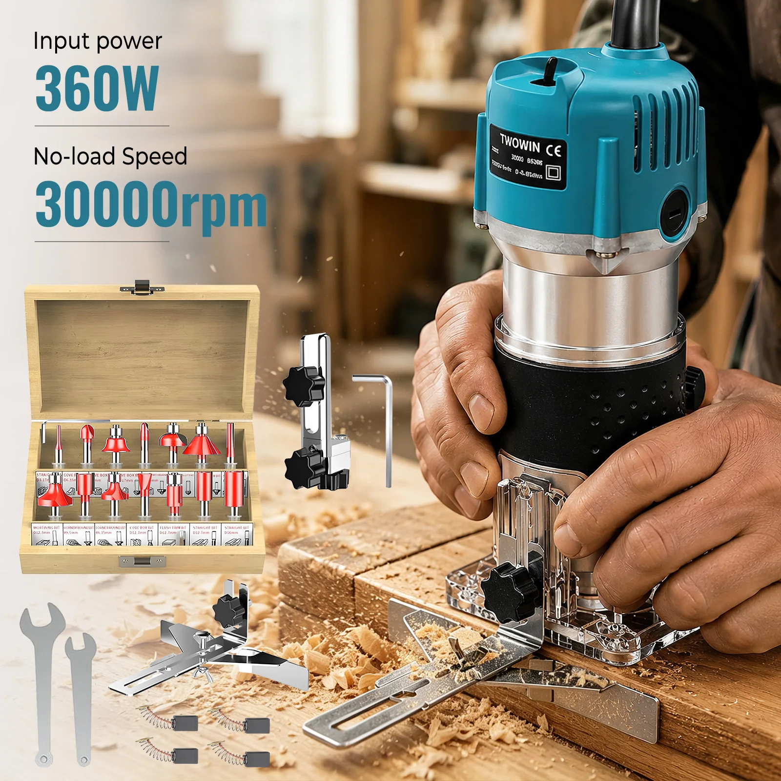 360W 30000 U/min Holzfräser, 15-teiliges Hartmetall-Bit-Set, transparente Basis mit gerader und gebogener Führung, für Holzbearbeitung, Kantenbearbeitung, Nutenfräsen, Schnitzen