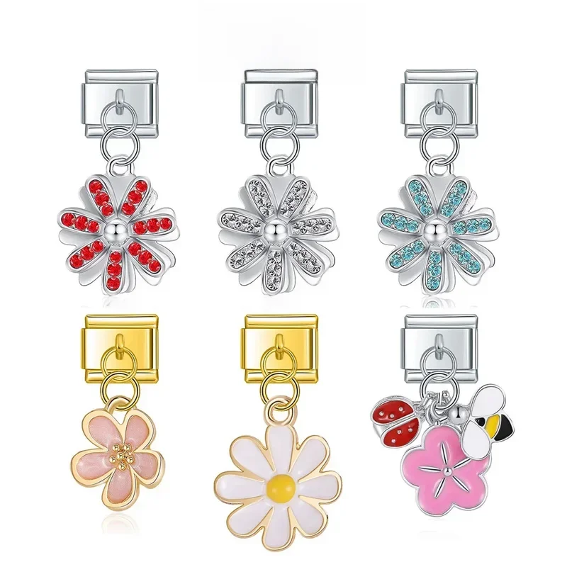 Hapiship Original marguerite mode fleur éblouissante CZ liens italiens breloque ajustement 9mm Bracelet en acier inoxydable bijoux bricolage fabrication DJ390