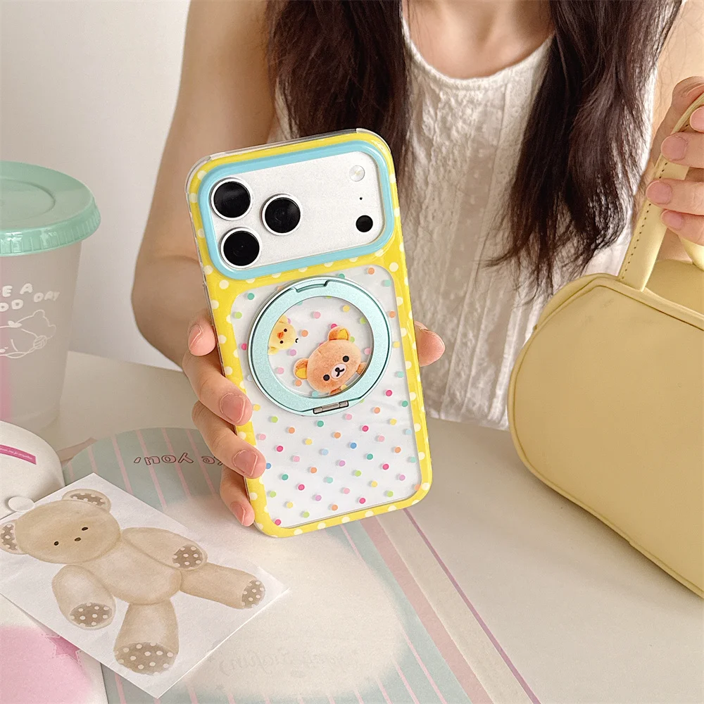 Ins Colorful Polka Dot Rilakkuma Magnetic With Rotate Stand Phone Case for iPhone 17 16 15 Pro 16 Pro 17 Pro Max Shockproof Cove