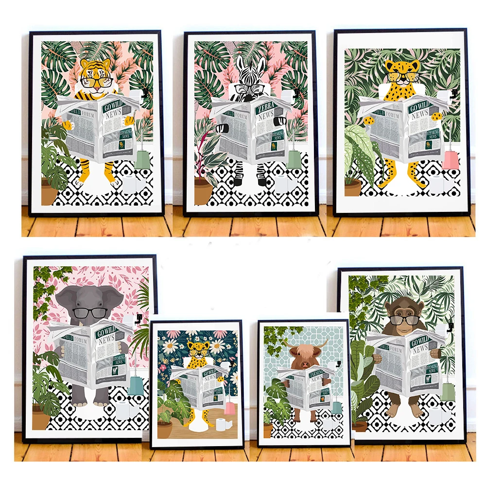 Tropical Zebra Tiger Leopard Elephant on Toilet Reading Newspaper  Poster Canvas Painting Prints Wall Art Picture Bathroom Decor