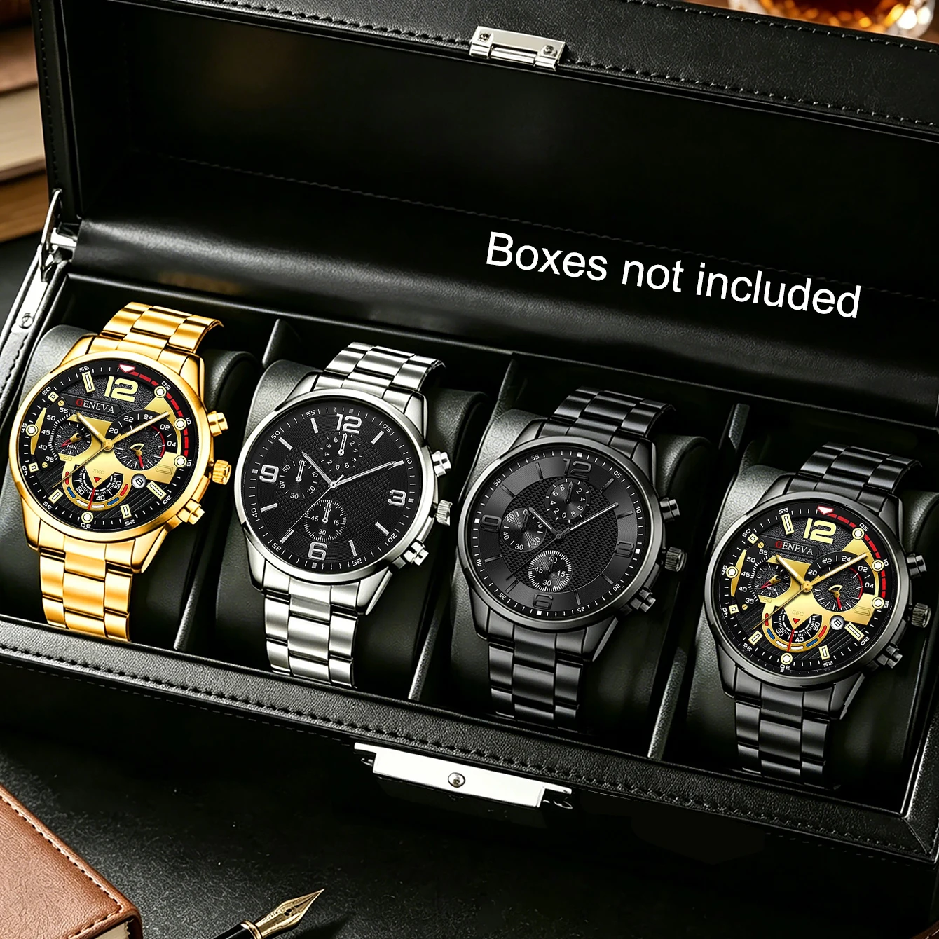 4-Piece Trendy Casual Men's Quartz Watch Set, with Calendar, Sports and Casual Style, Suitable for Multiple Occasions Such as Daily Work, Business Trips, Etc., a Perfect Gift for Father or Boyfriend