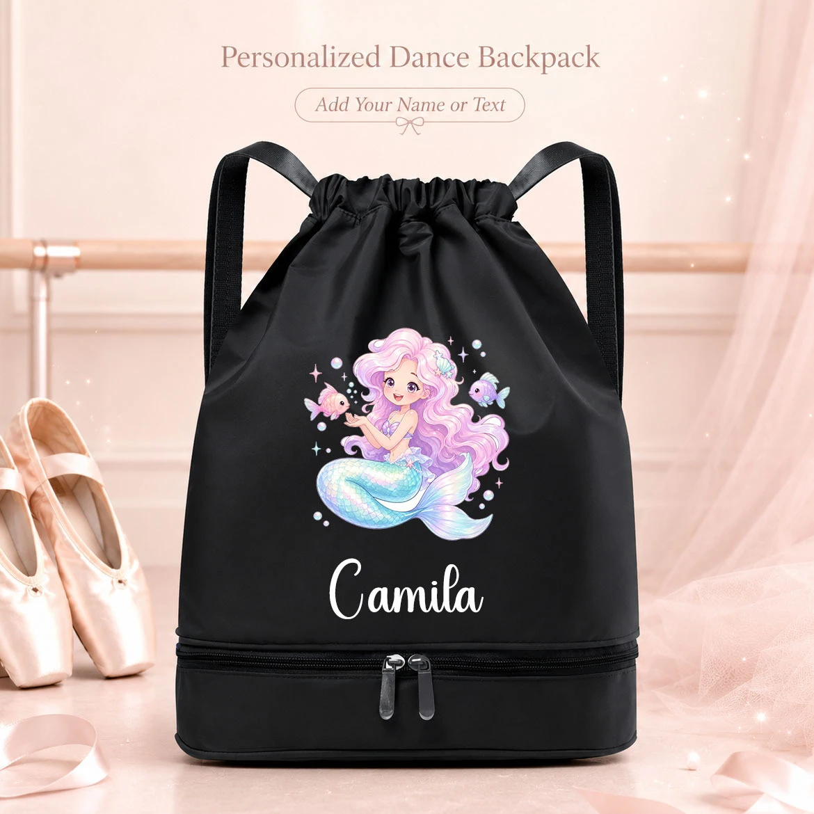 Custom Name Ocean Mermaid Drawstring Bag with Shoe Compartment, Dance Storage for Ballet Class, School, Swim Lessons and Fitness view 5