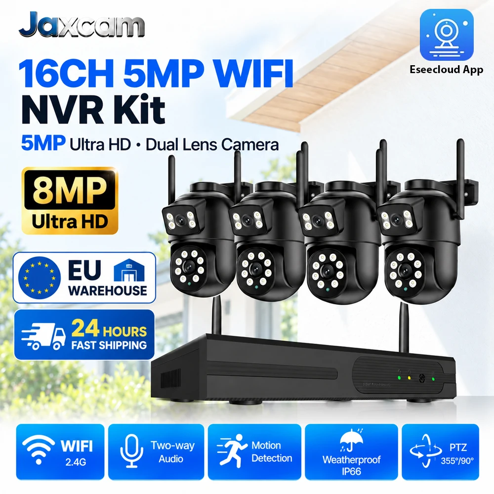 Kit telecamera di sicurezza wireless 4K 8MP con sistema EseeCloud, NVR 16CH 5MP, doppia lente, doppio schermo, telecamera PTZ per esterni, 2.4G WiFi, audio bidirezionale, rilevamento movimento umano,