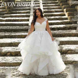 EVON BRIDAL Plus Size Wedding Dress For Big Woman Cap Sleeves V Neck Lace Applique A-Line Button Bride Dresses Vestido De Noiva