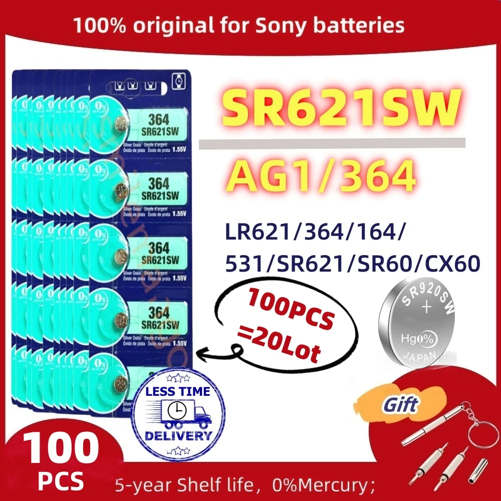 100PCS Original For SONY SR621SW button battery AG1 364 LR621 1.5V Alkaline Coin SR621 SR60 CX60 For Watch Toys Remote Cell Coin