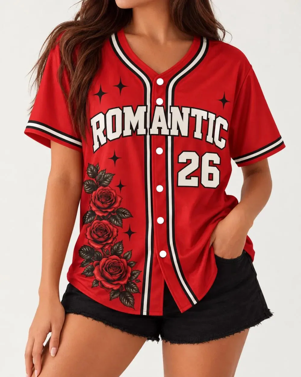 Bruno Mars Romantic Tour Baseball Jersey Women Red Rose Vinyl Record Print Short Sleeve Button-Down Shirt Music Fan Concert Tops