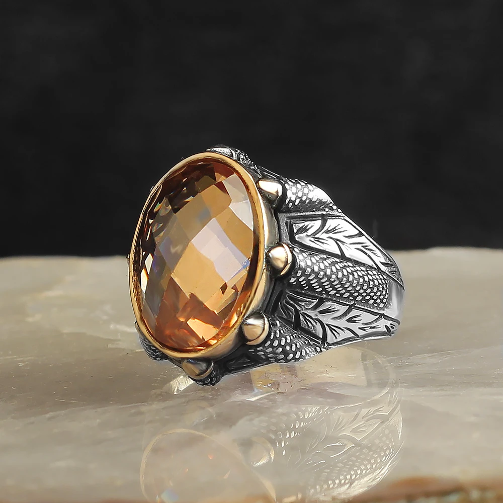 

Solid 925 sterling silver ring Citrine stone falcon nail design for men gift of jewelry high quality shiny stone