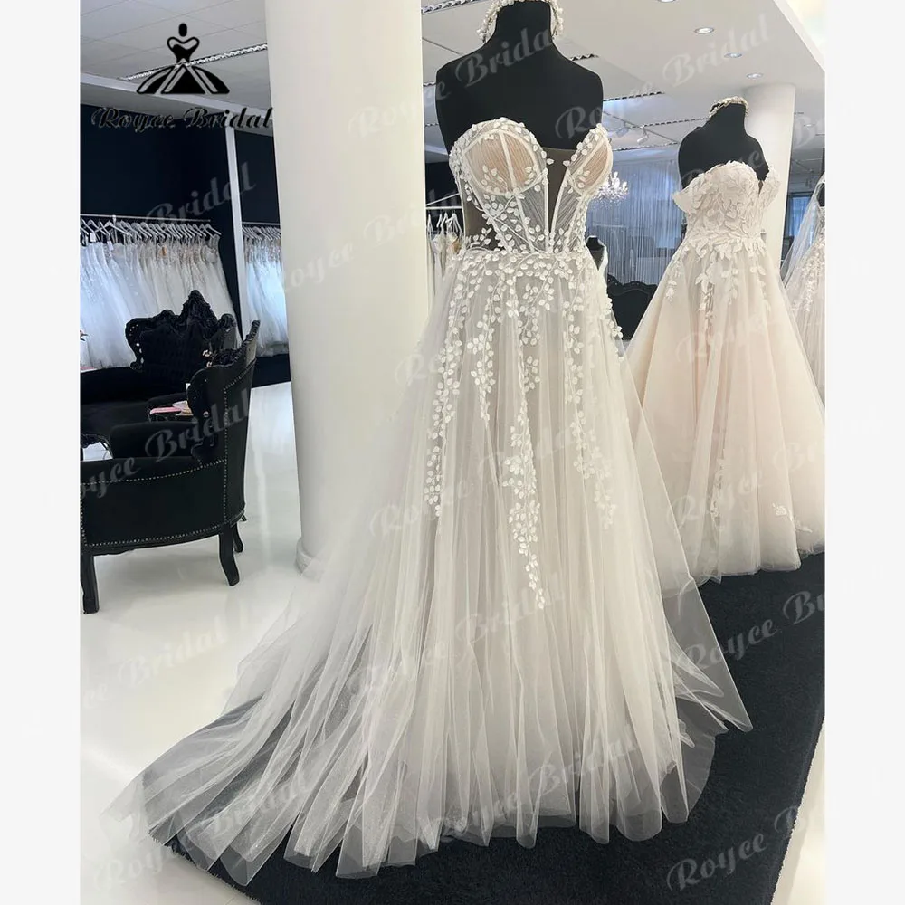 Sexy Flowy Lace Bohemian Boho Off Shoulder V Neckline Wedding Dress for Women 2024 Bridal Party Gown Custom Made robe de soiree