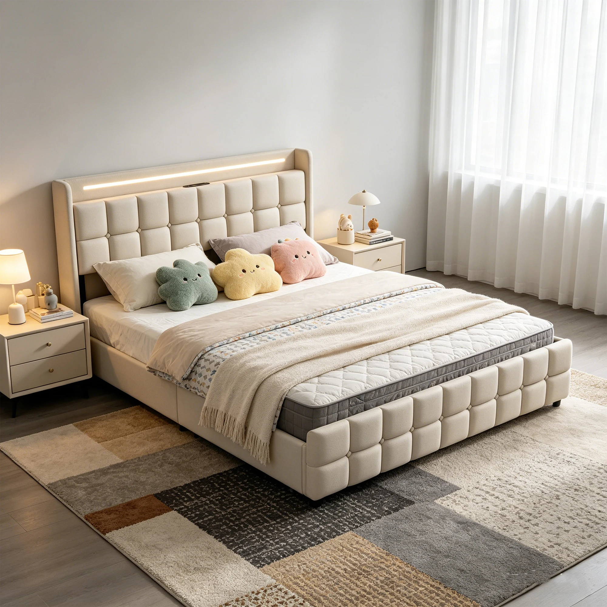 Anajqaqia Cama tapizada de 140x200 cm con 4 cajones, cama con almacenamiento, carga USB y cabecero LED, cama doble, estructura de cama con somier, cama juvenil para dormitorio, tela de lino, beige