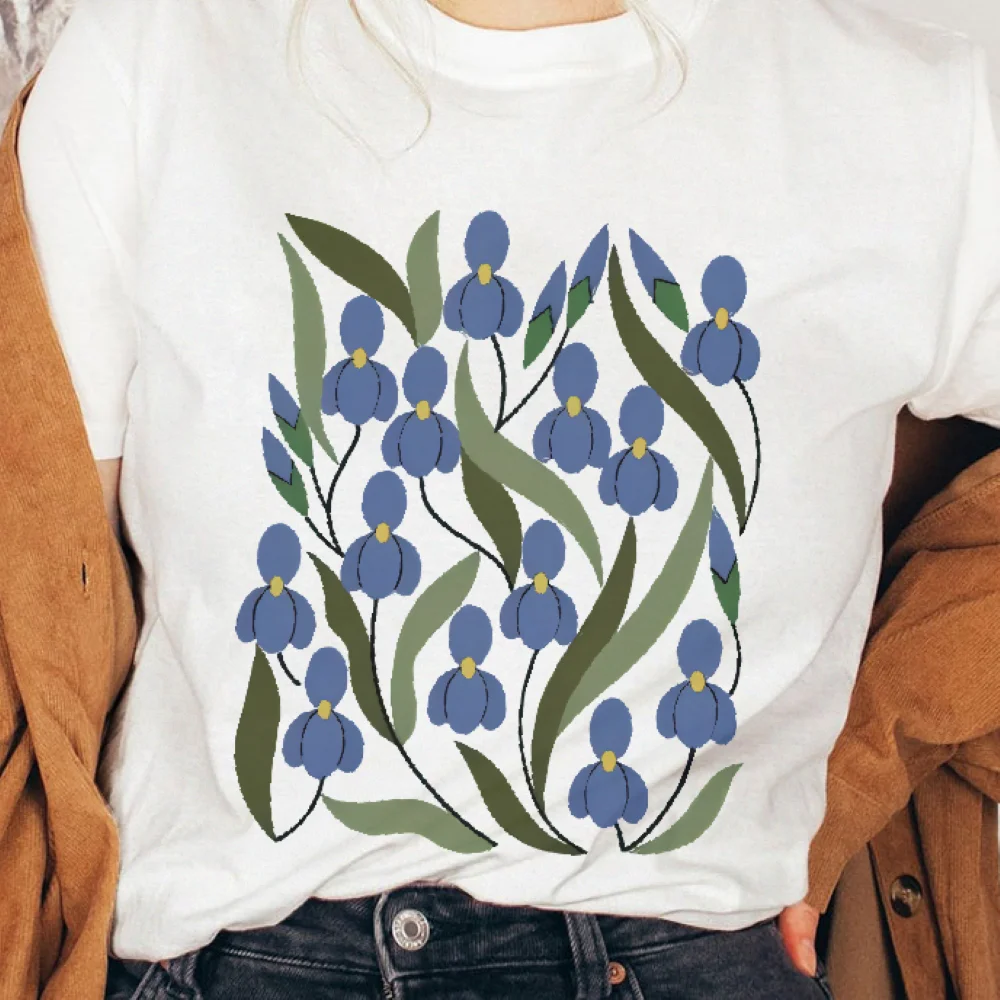 

Футболка с синим цветком и художественным ботаническим принтом, повседневная футболка с короткими рукавами, свежий эстетичный мягкий удобный повседневный модный топ
