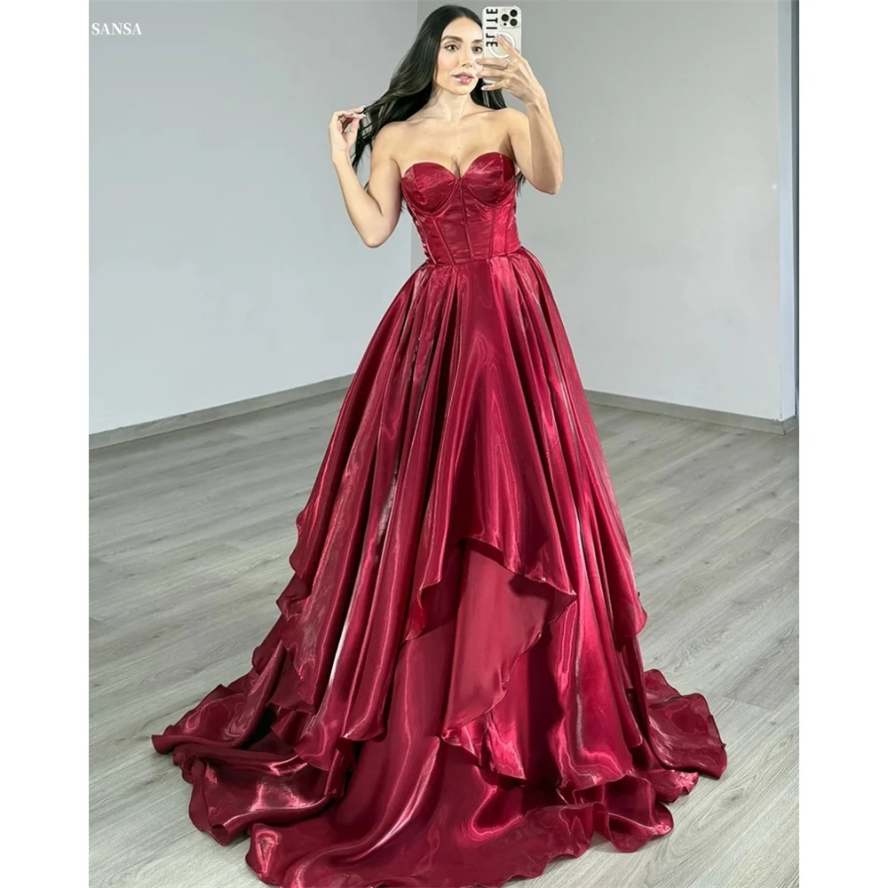 Sansa Customized Burgundy A-line Sweetheart Neck Prom Dress Multilayer Pleats Sleeveless Vestidos De Noche Floor-Length Evening