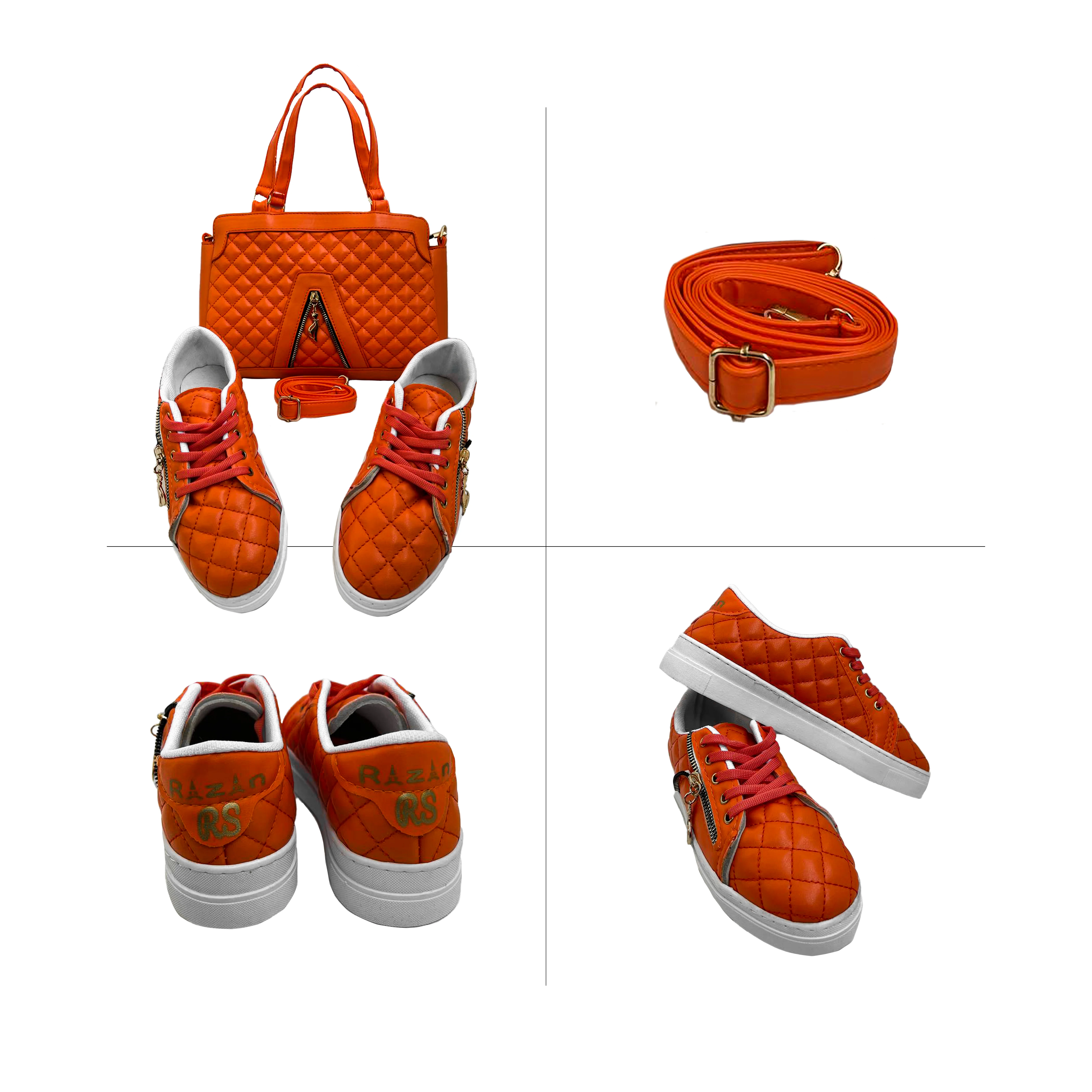 Coordinated Women's Ensemble: Orange Shoes and Bag - Fusion of Elegance and Practicality