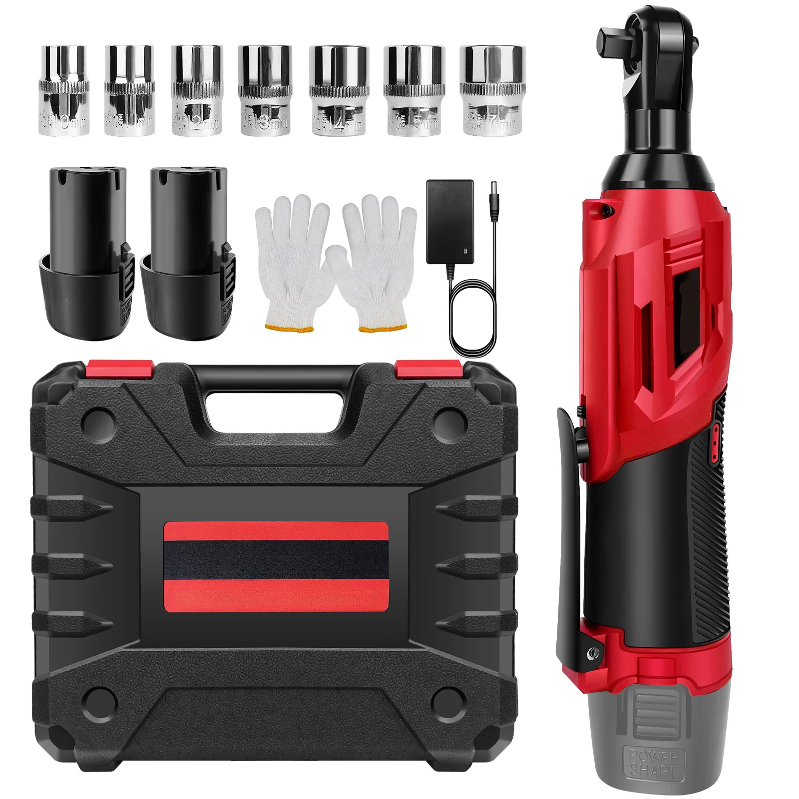 Set di chiavi a cricchetto a batteria da 200 Nm 90 °   con 2 batterie agli ioni di litio da 1300 mAh, chiave angolare da 3/8' con set di prese da 7 pezzi