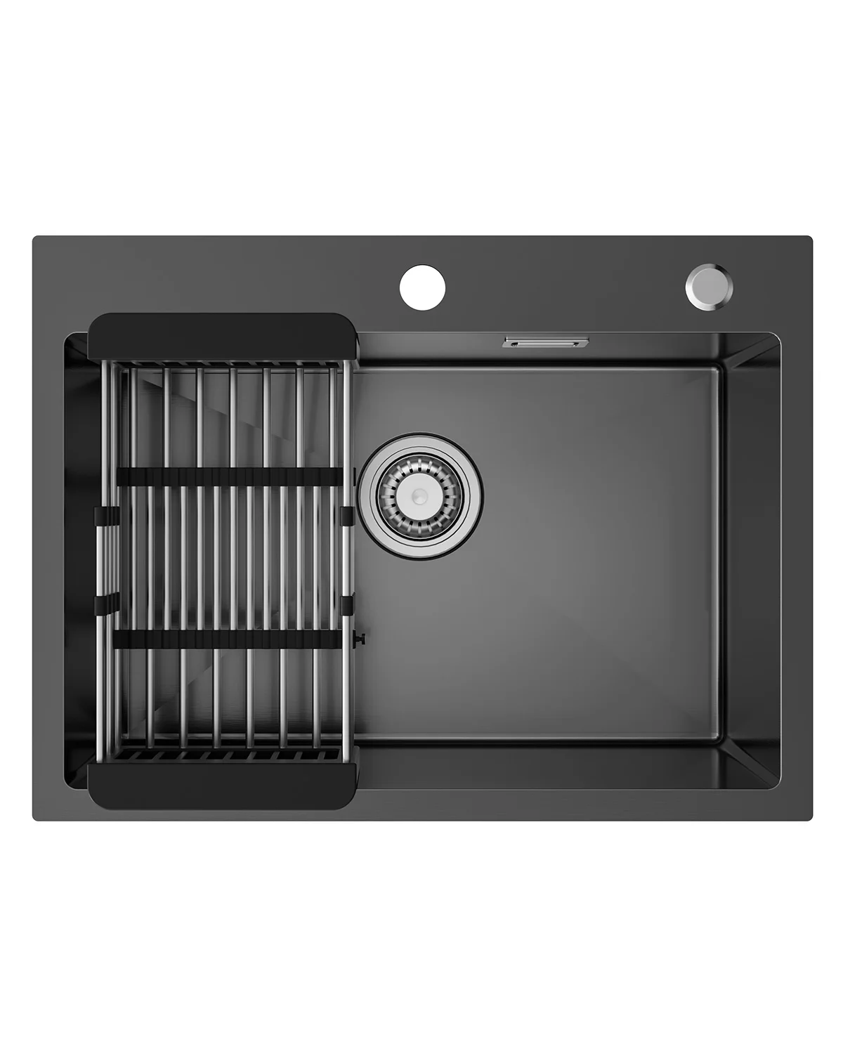 Image of Küchenspüle 60x45cm Schwarz Nano-Beschichtung Edelstahl Einbauspüle mit ausziehbarer Korb Kratzfest Geruchsneutrales Siphon Handgefertigt Modern Silber 3mm