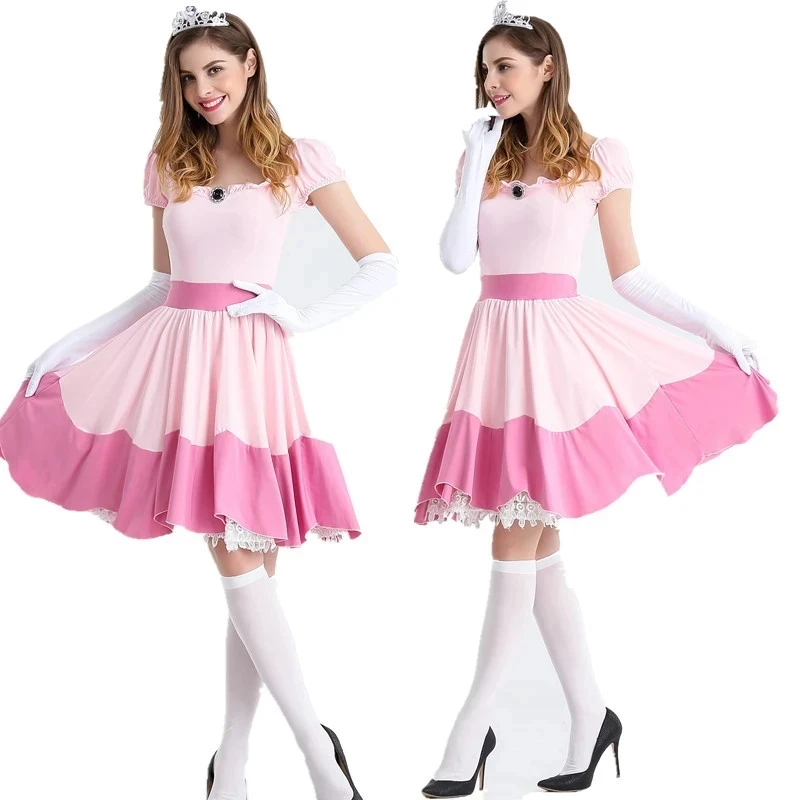 

Super Luigi Mary Costume Fairy Tale Peach Princess Cosplay Party Dress Roleplay Carnival Purim Women Fancy Pink Short Sexy Dress