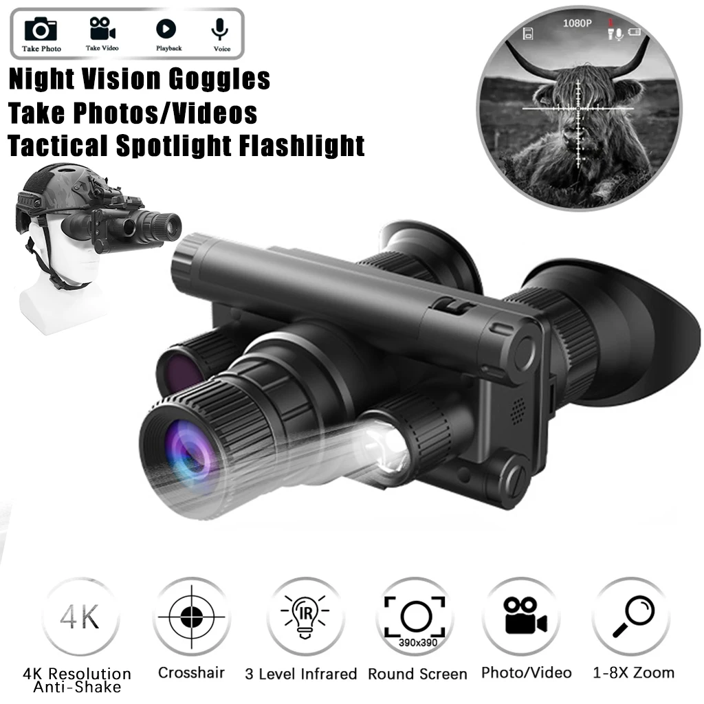 

4K infrared night vision binoculars with tactical flashlight 8x Hunting magnifier Can take photos and record videos