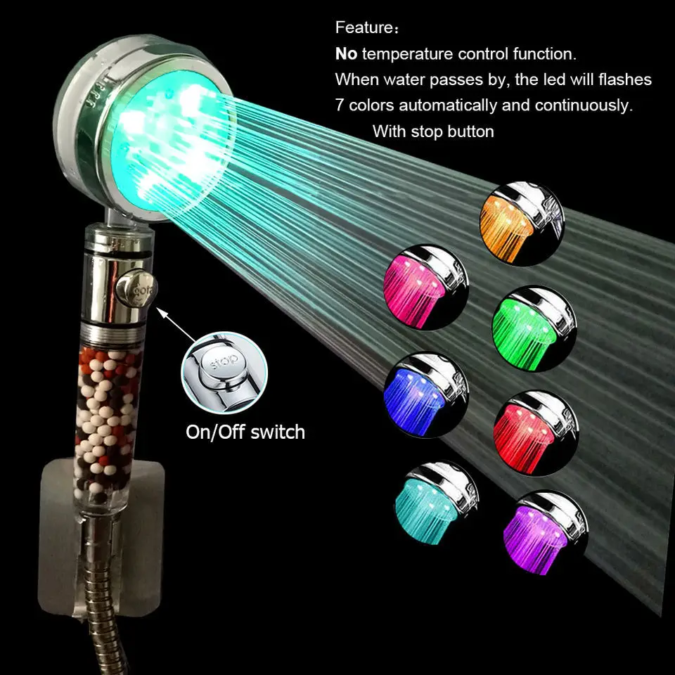 LED 3/7 Color Luminous Negative Ion Shower Head Rain Shower SPA Temperature Control Boost Water Saving Handheld Bathroom Shower