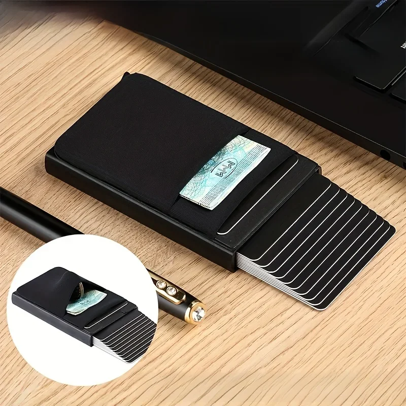 12 kart Smukły aluminiowy portfel z elastyczną tylną kieszenią na kartę kredytową Mini portfel RFID Automatyczne wyskakujące etui na karty bankowe — zdjęcie 2