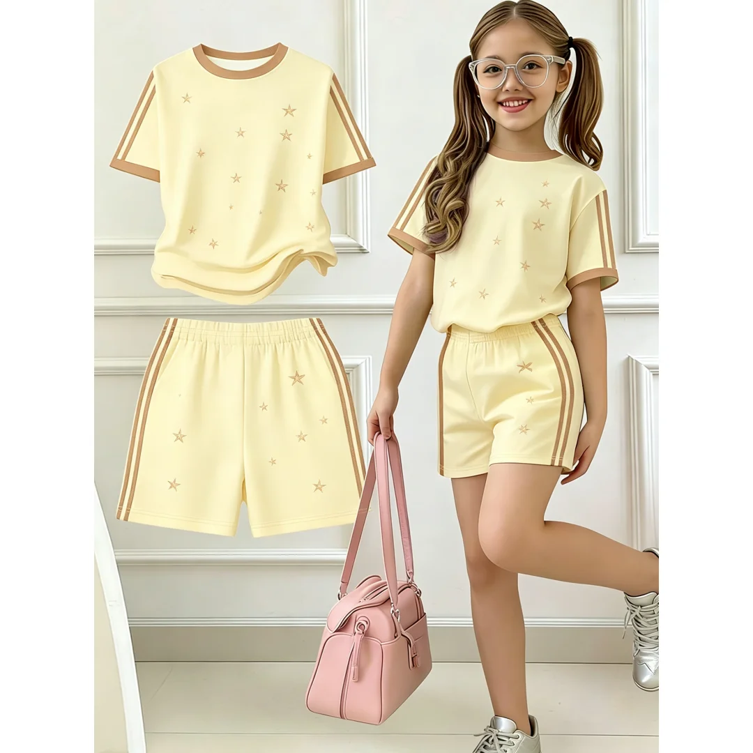 Kinder-Sommer-2-Teiler-Outfit: T-Shirt mit Schleifenstickerei und Streifenmuster, kurzen Ärmeln und Shorts mit elastischem Bund für Mädchen, Sport- und Freizeitkleidung für den Alltag. – Detail 7