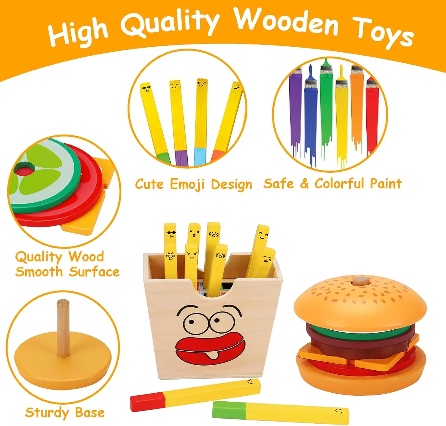 Todders Montessori Toy Wooden Hamburger Sandwich French Fries Sorting Stacking Toys Pretend Play Food Toy Kid Role Playing Games