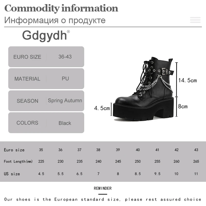 Gdgydh Women Combat Boots Lace Up Black Platform Waterproof Chunky Heels Chain Studded Gothic Ankle Boots Buckle Strap and Zip