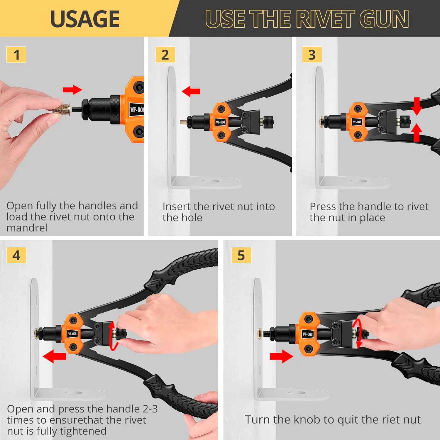 Portable Manual Rivet Nut Gun,M3/M4/M5/M6/M8/M10 Mandrels Adapter,Insert Hand Threaded Rivet Tool,Home Riveting Tools, DIY
