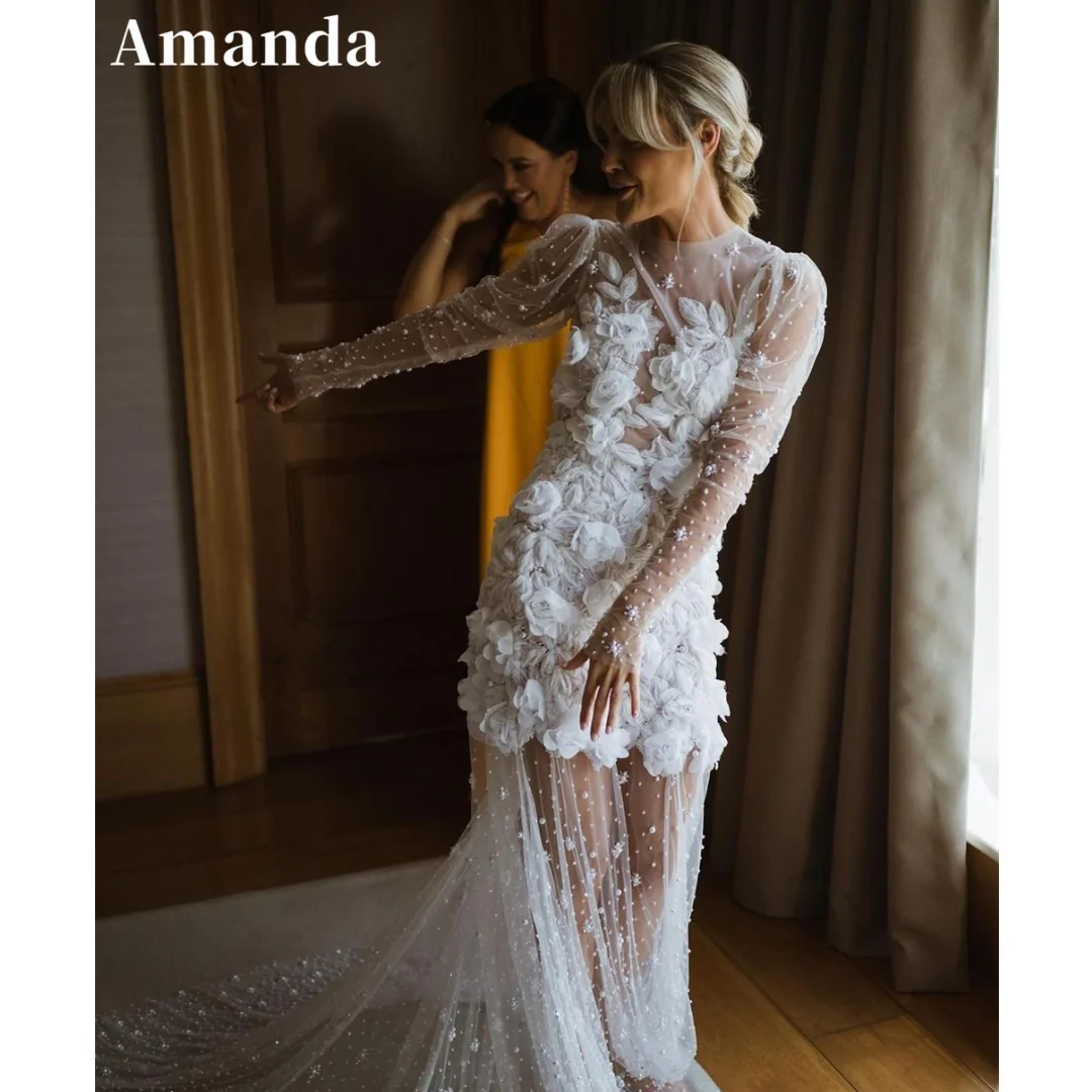 Amanda Luxury Handmade 3D Flower A-line Vestidos De Novia Sexy Perspective Long Sleeve Wedding Dress Gorgeous Robe De Mariée