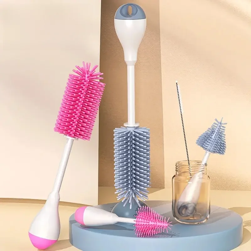 360 Degree Rotation 3 in 1 Silicone Baby Bottle Pacifier Brush Wash Water Cup Container Straw Cleaning Brush Set