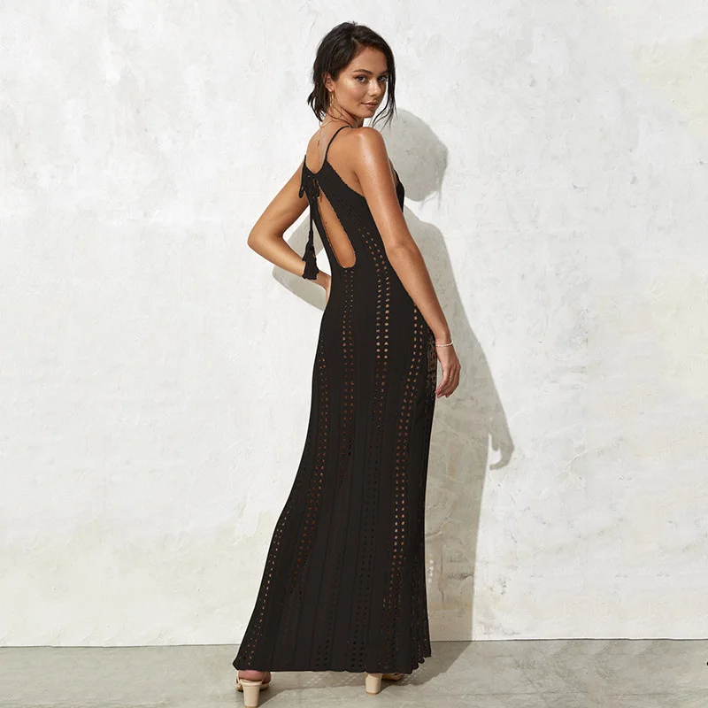

Plus Size 3XL Women's Halter Backless High Slit Long Knit Dress Beach Sexy Hollow Out Crochet Bikini Cover Ups Female Swimwear
