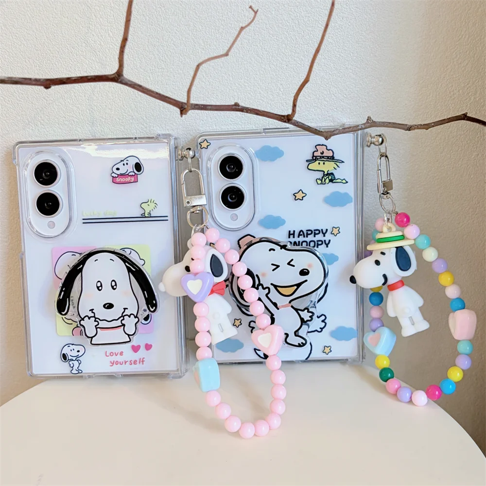 Cute Cloud Snoopy Phone Case for Samsung Galaxy Z Fold 8 Ultra 7 6 5 4 3 Fold8 Cover With 3D Stand Chain Korean Shockproof Cover