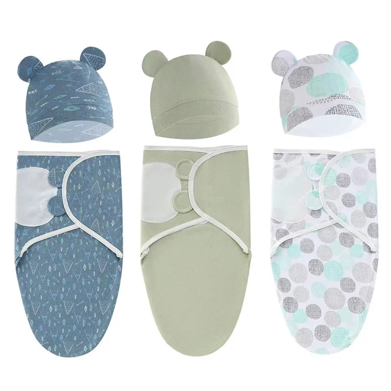 Ensemble de couverture et chapeau pour bébé de 0 à 6 mois, en coton imprimé de dessin animé, emmaillotage réglable pour nouveau-né, enveloppes de couchage pour nourrissons, toutes saisons