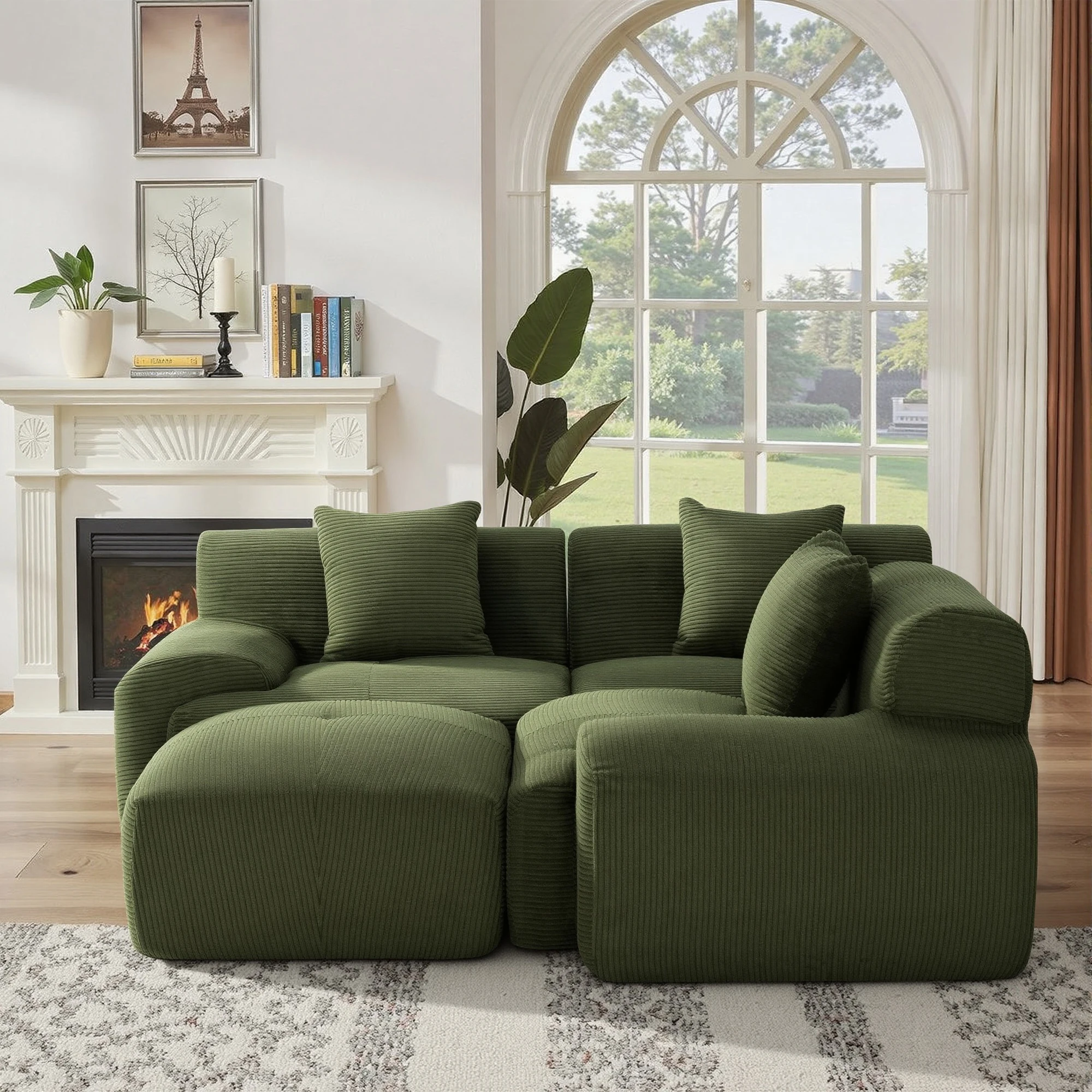 108''Green L‑Shape Corduroy Modular Sectional Sofa, Pocket Spring Cushion Free Combination Chaise Lounge Sofa, Vacuum Packed Living Room Apartment Home Furniture
