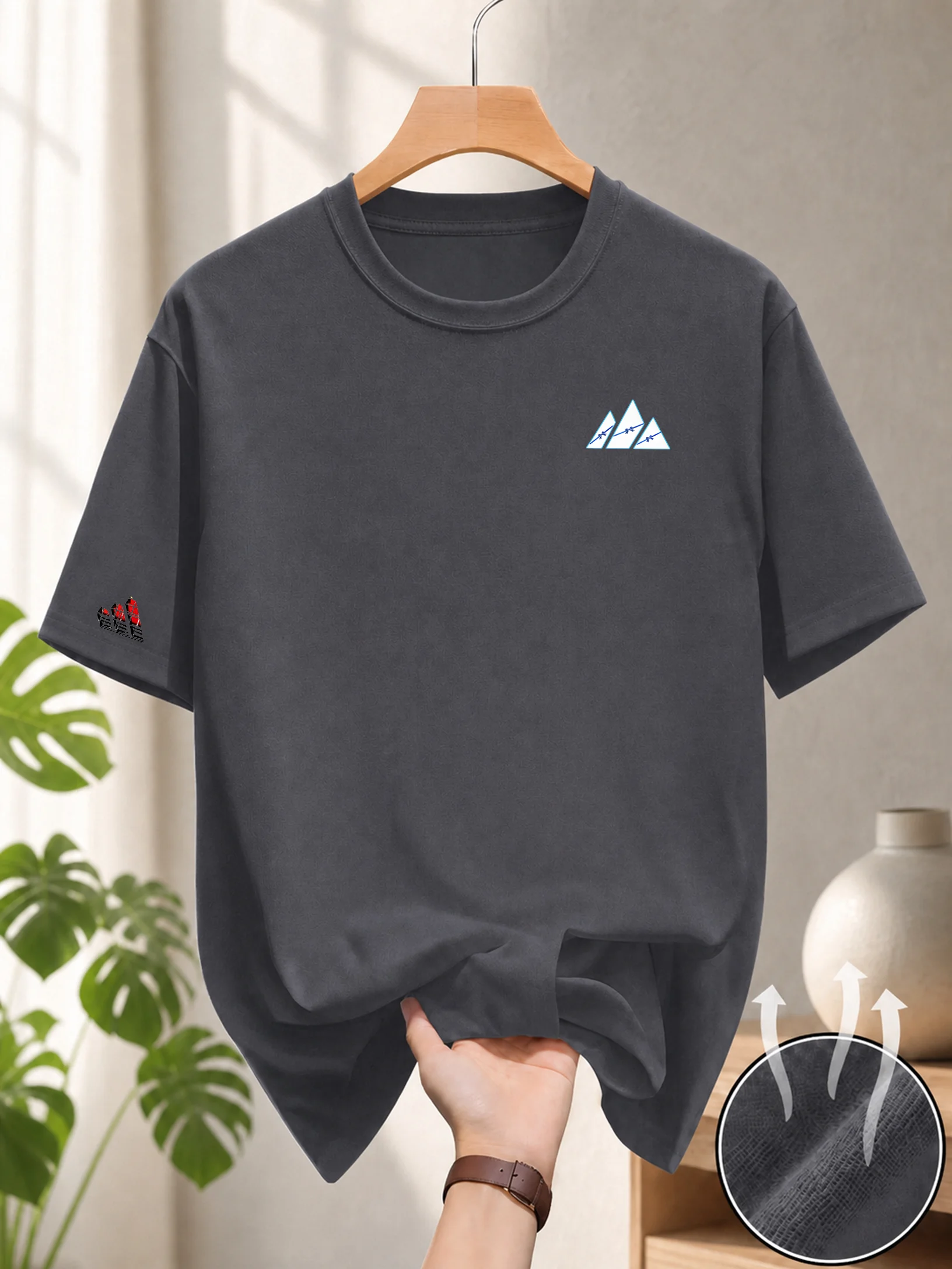 Round neck running T-shirt, men's thin top, slanted bar printed quick drying short sleeved breathable fitness T-shirt,