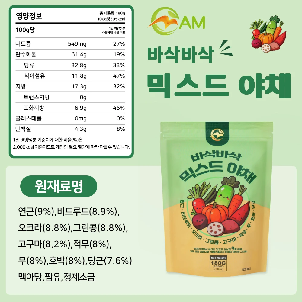 믹스드야채칩 과자 건강간식 다이어트간식 어린이간식 핑거푸드 180g 썸네일 2