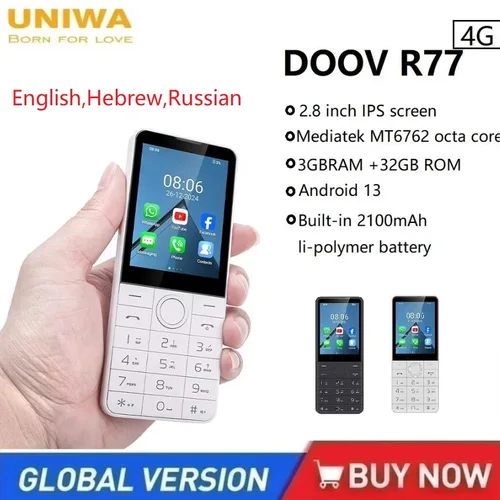 UNIWA DOOV R77 4G 휴대폰, 스마트 터치 스크린, Whatsapp, 안드로이드 13, 키패드 휴대폰, 히브리어 키보드, 2.8 인치, 3GB + 32GB, 2100mAh 