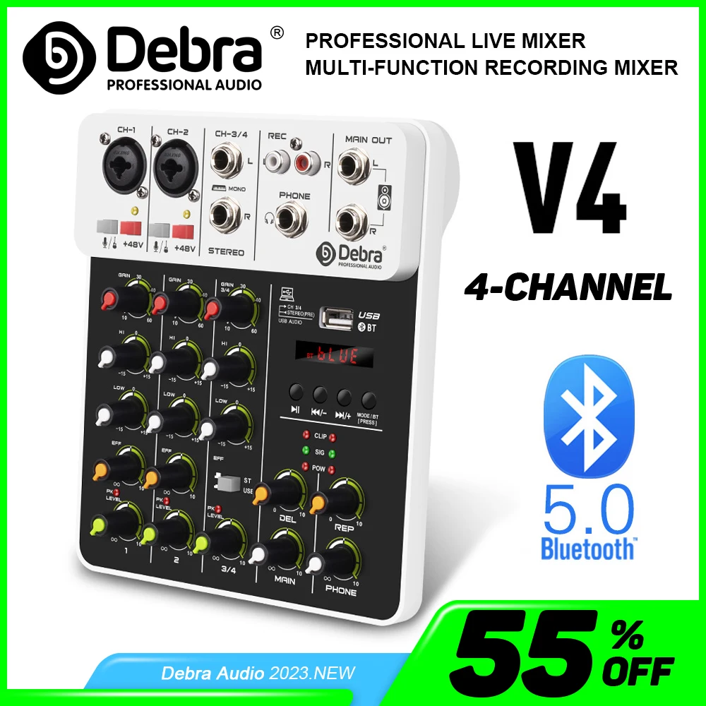 V4 Audio Interface Mixing Console Bluetooth USB Record PC 48V Phantom Power Delay Repaeat Effect 4 Channels USB Audio Mixer.