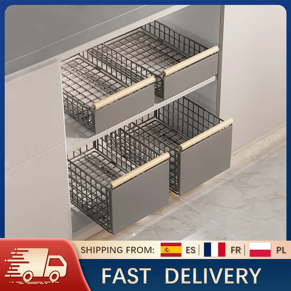 Organisateur coulissant avec poignée en bois, panier rétractable pour armoire, égouttoir pliable pour évier de cuisine/salle de bain