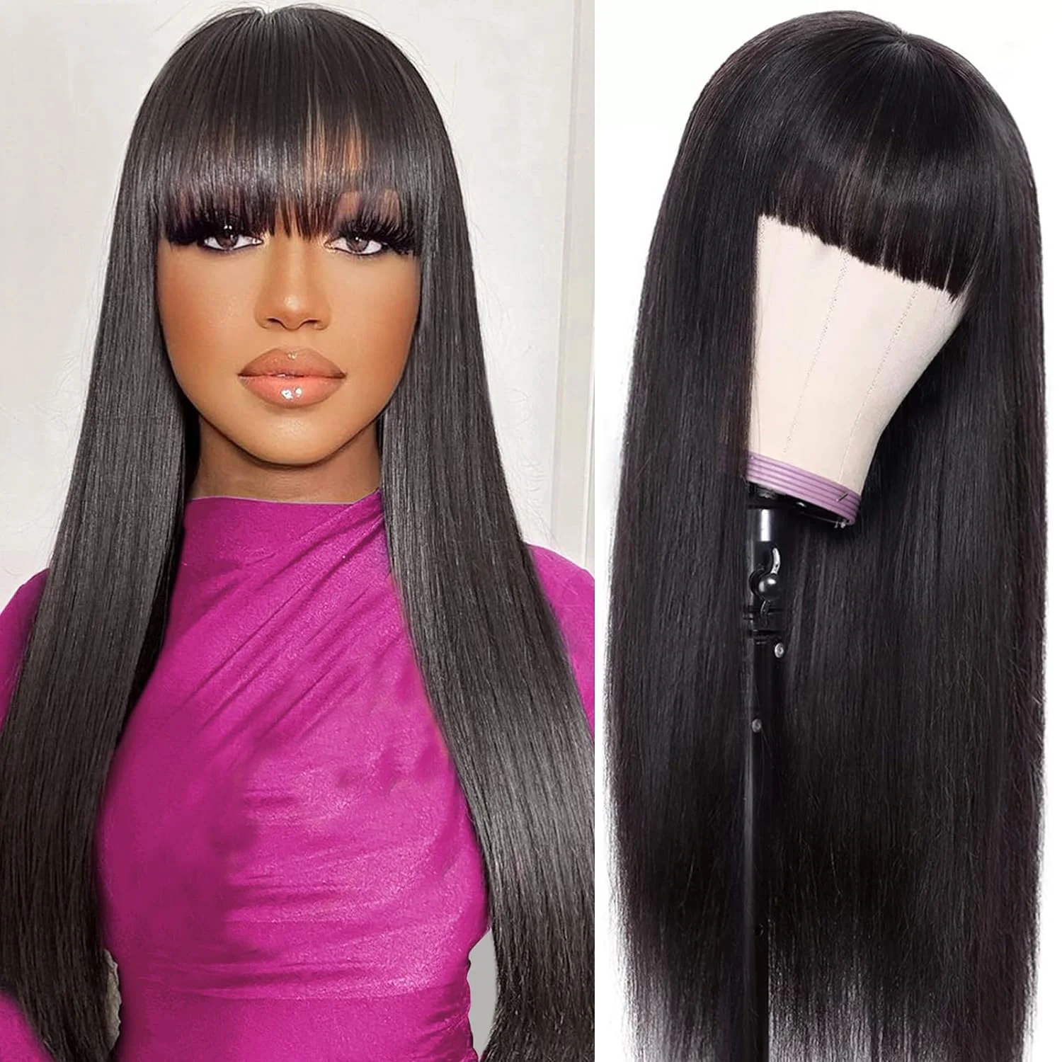 Ulrica Hair Machine Made Glueless Wig With Bangs Straight Human Hair Wig with Bangs 180% Density None Lace Front Wigs For Women