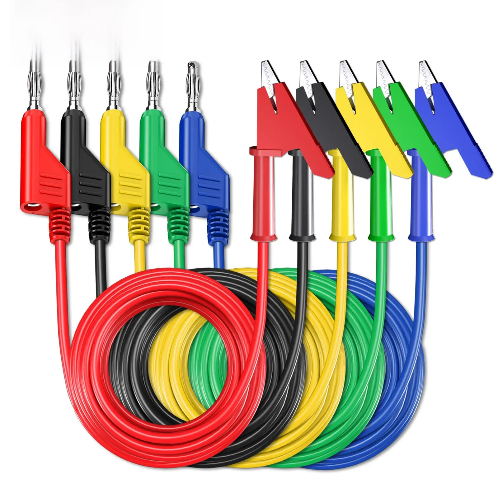 Cleqee P1037 5PCS 4mm Wtyczka bananowa z możliwością układania w stos do zacisku krokodylkowego Zacisk krokodylkowy Multimetr Przewody testowe Miękki kabel testowy PVC Przewód 1M — zdjęcie 2