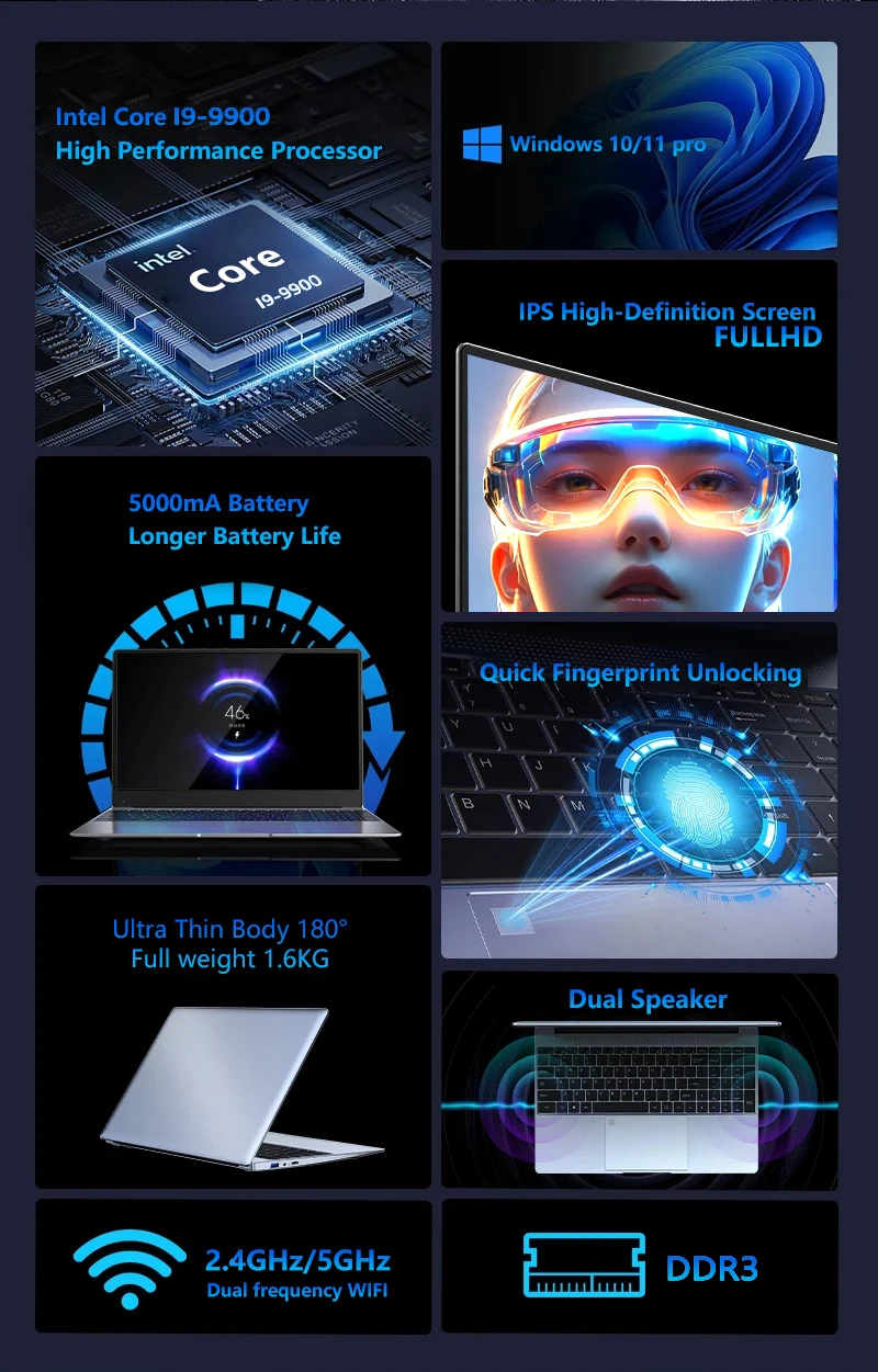 2026 Portable Laptop Windows 11 Intel Core I9-9900HK 15.6 Inch 32GB RAM 512GB/2TB SSD Office Laptops 1920*1080P Fingerprint Unlock Notebook