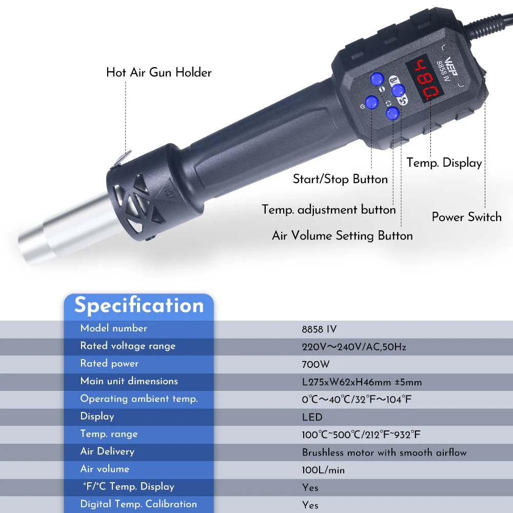 WEP Portable Hot Air Gun 700W 500℃ Hair Dryer with LCD Digital Display Soldering Welding Rework Station Tool 8858-IV Heat Gun