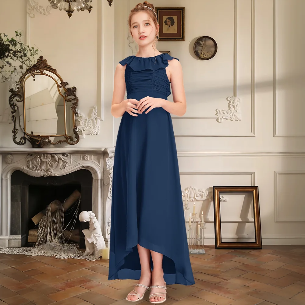 

Elegant A-line Scoop Cold Shoulder Asymmetrical Chiffon Junior Bridesmaid Dress Flower Girl Dress Kids Girl Wedding Formal Dress