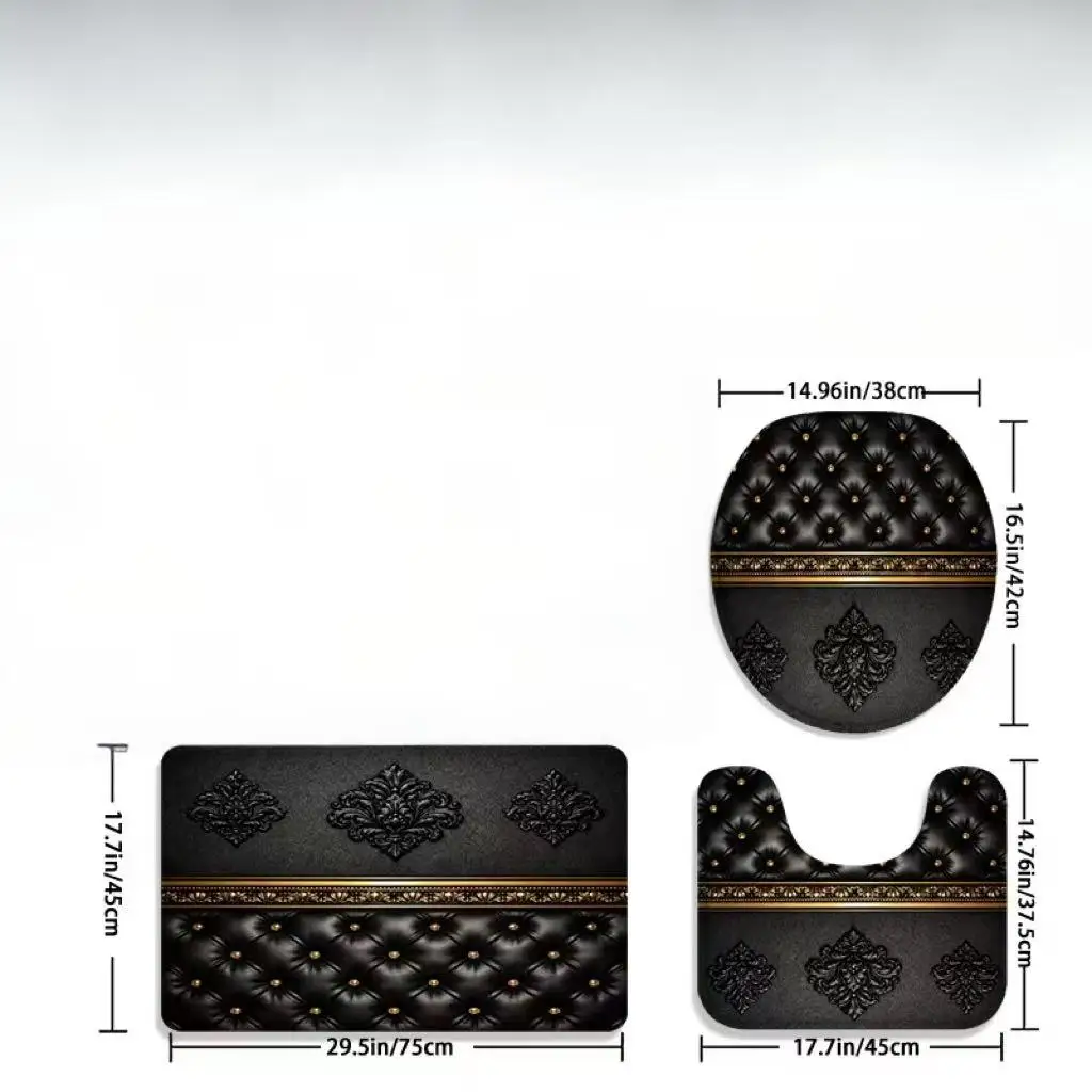 3 Pieces Black Gold Luxury Baroque Bathroom Rugs Set, Faux Leather Tufted Button Damask Ornament Gold Border Pattern Non‑Slip Bath Mat U‑Shaped Rug Toilet Seat Cover, Vintage Royal Home Bathroom Decor Gift
