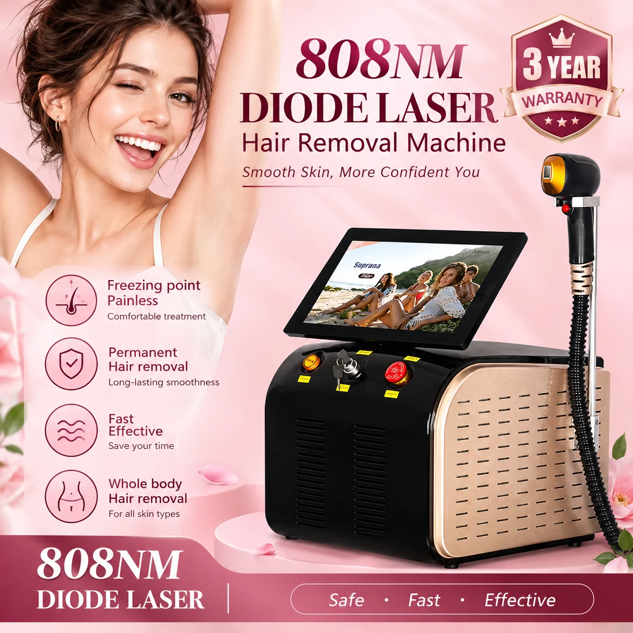 Bezbolesny laser diodowy 808nm do depilacji, urządzenie do trwałego odmładzania skóry całego ciała.