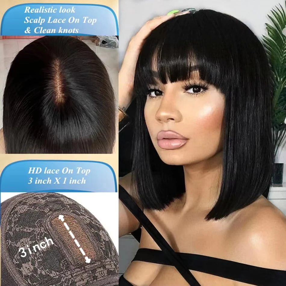 Wig Brasil mesin penuh berenda bagian tengah 3x1 lurus Natural dengan poni ketebalan 200% Wig Bob rambut manusia untuk pilihan wanita